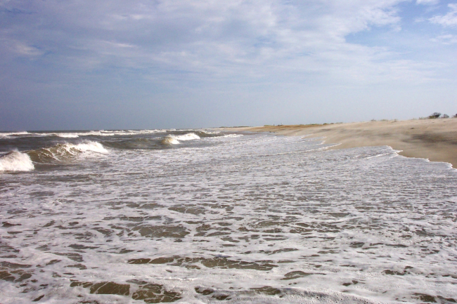 A foam flecked wave runs up on the Cape Hatteras shore