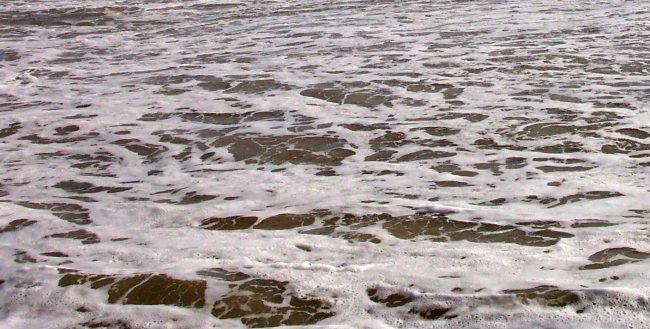 A foam flecked wave runs up on the Cape Hatteras shore