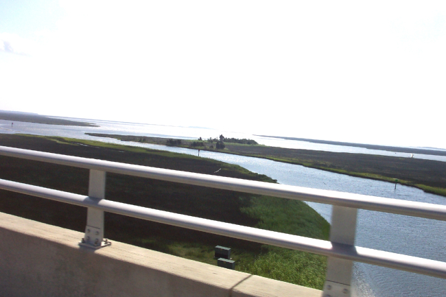 Looking over wetlands as crossing the bridge over northern Bogue Sound