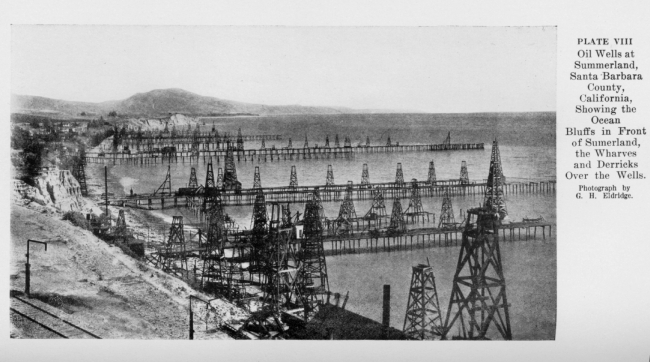 Oil wells extending into the sea at Summerland, Santa Barbara County
