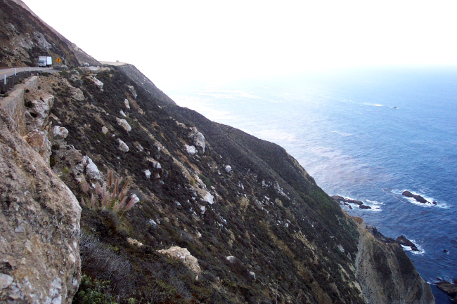 A long ways down to the ocean along California Highway 1 on the Big Surcoast