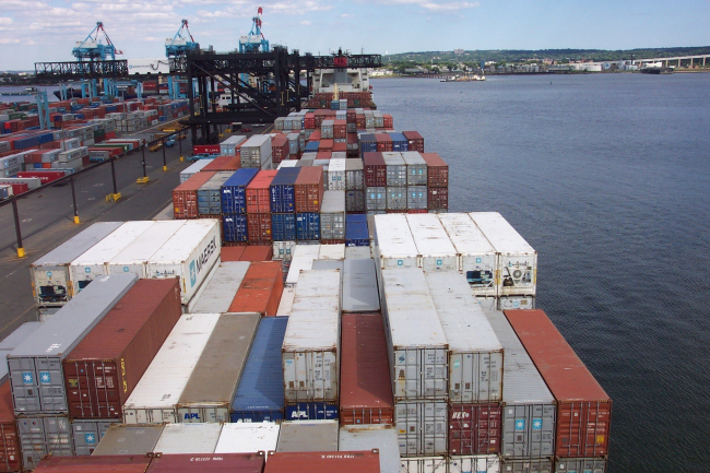 The view off the bridge of the SEALAND COMMITMENT at the container terminalat Port Elizabeth, New Jersey