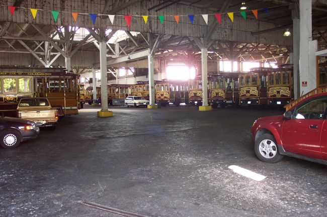 Waterfront wharf used as parking garage for San Francisco Cable Cars