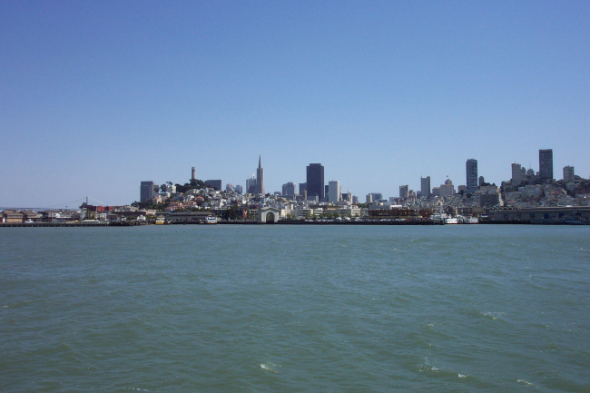Part of San Francisco skyline as seen from tour boat on the way to Alcatraz