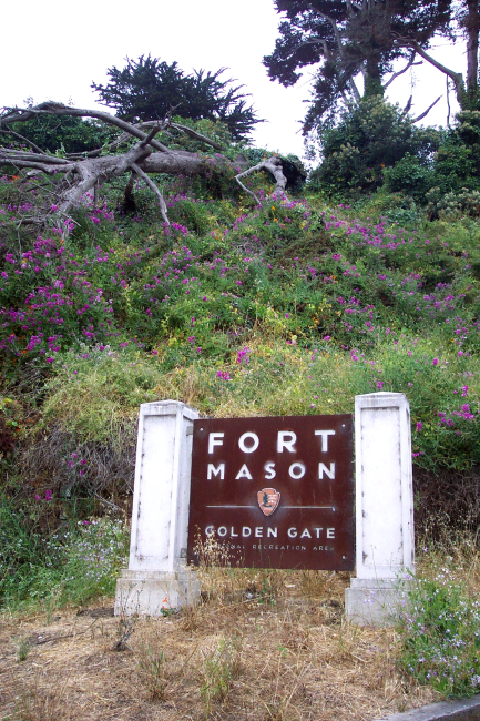 A flower bedecked hillside adorns the entrance to Fort Mason, now part of theGolden Gate National Recreation Area