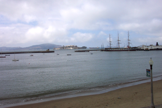 A view of the square-rigger BALCLUTHA and Alcatraz Island from near the SanFrancisco Maritime Museum