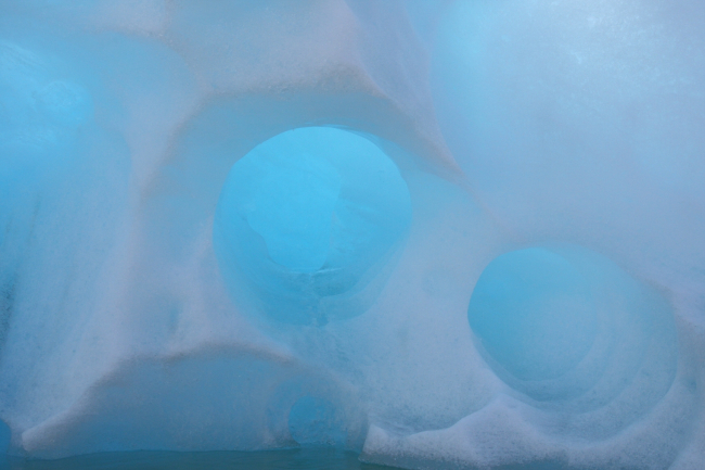 Circular melt patterns in ice calved from the LeConte Glacier