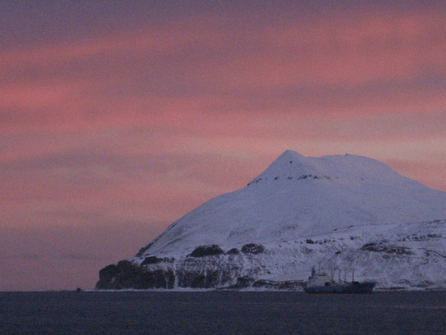 Pink glow of sunset on a winter evening with freighter anchored out