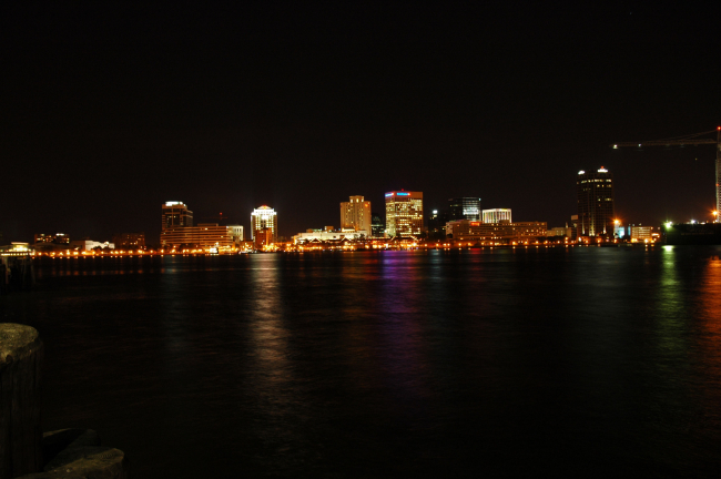 The Norfolk skyline as seen at night from Portsmouth