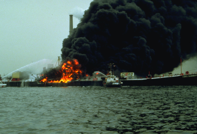 The barge Cibro Savannah on fire