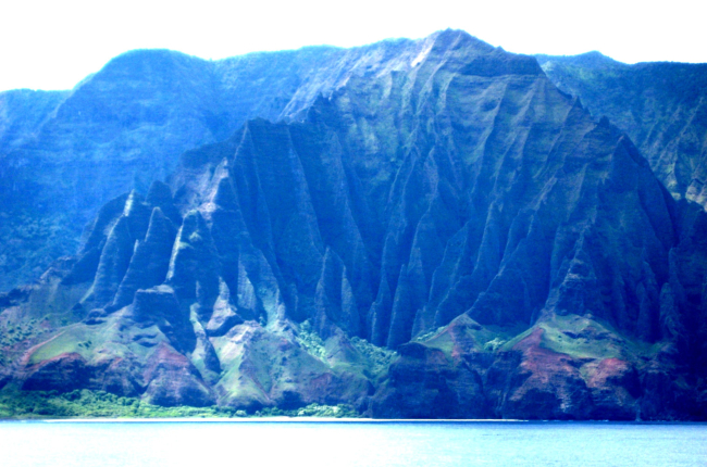 A view from offshore of the Na Pali coast, along the northwest shore of Kauai
