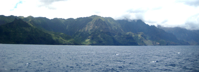 A view from offshore of the Na Pali coast, along the northwest shore of Kauai
