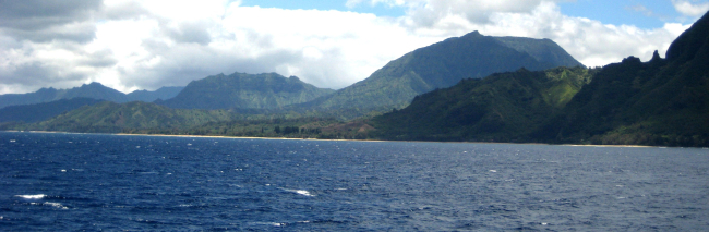 A view from offshore of the Na Pali coast, along the northwest shore of Kauai