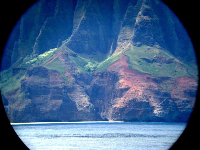 A telescopic view from offshore of the Na Pali coastline