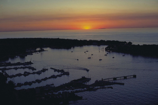 Unidentified harbor at sunset