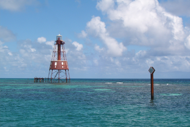 Carysfort Reef Lighthouse - note danger sign
