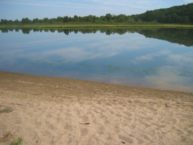 A lagoon and wetlands behind the gravel and shell spit at Bluff Point State Park