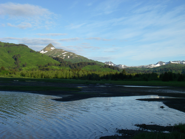 Anton Larsen Bay at low tide with a view of Pyramid Mountain
