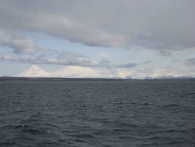 Pavlof Sister and Pavlof Volcano from the north side of the Alaska Peninsula