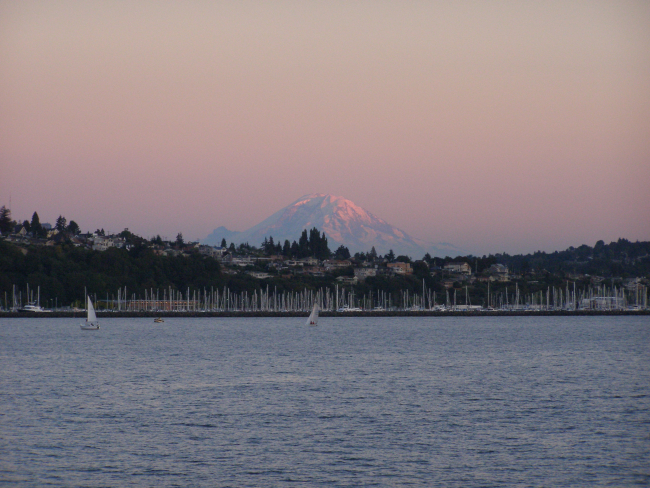 Mount Rainier seen from offshore of the Shilshole Bay Marina