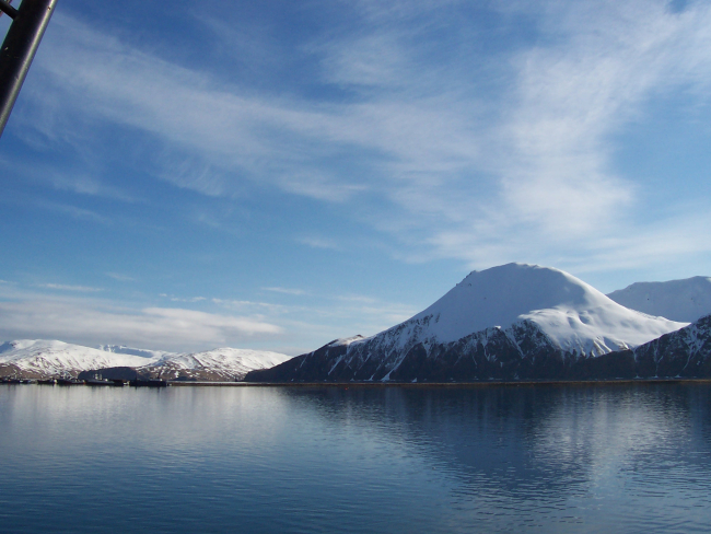 Snow-clad mountains seen from Kodiak harbor