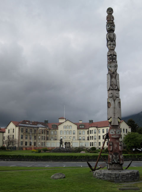 Totem pole outside Alaska Pioneeers Home at Sitka