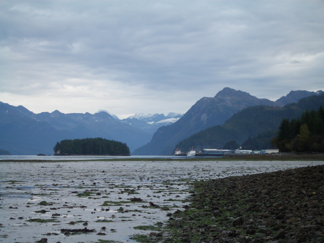 Looking over mudflats at low tide to Cordova and the NOAA Ship FAIRWEATHER