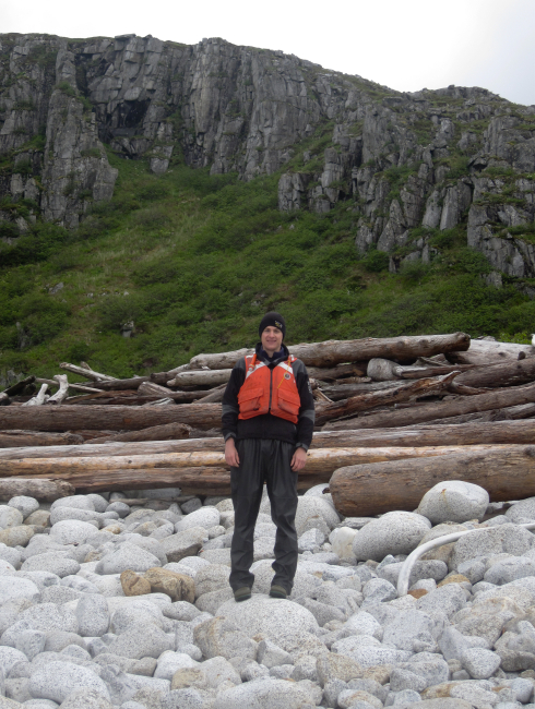Strolling along a boulder beach in the Shumagin Islands
