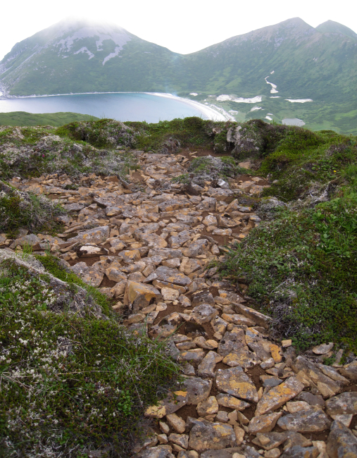 Frost-heaved angular boulders on a Shumagin Island ridge overlooking a quietbeach and cove