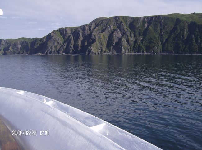 Rugged shoreline of a Shumagin Island seen from the NOAA ShipFAIRWEATHER