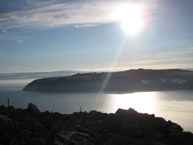 Big Diomede Island seen in the late afternoon sun from Little Diomede Island