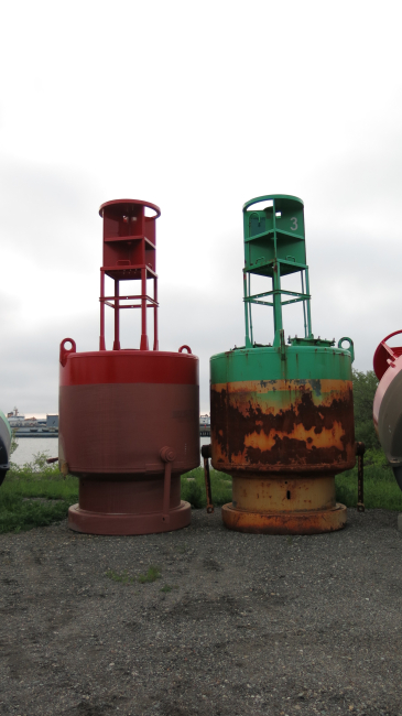 Buoys ready for maintenance at a Maine Coast Guard facility